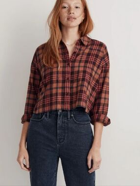 NEW Madewell Flannel Long-Sleeve Crop Shirt Plaid